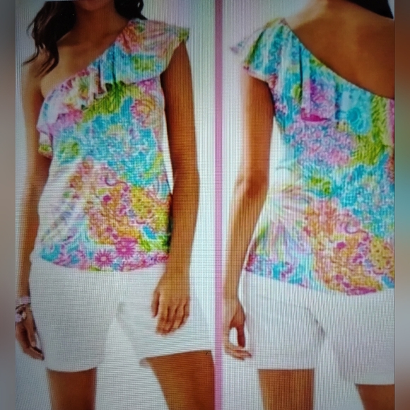 Lilly Pulitzer Tops - LILLY PULITZER NEVEAH RUFFLE ONE SHOULDER TOP SEASPRAY BLUE LOVERS sz XS